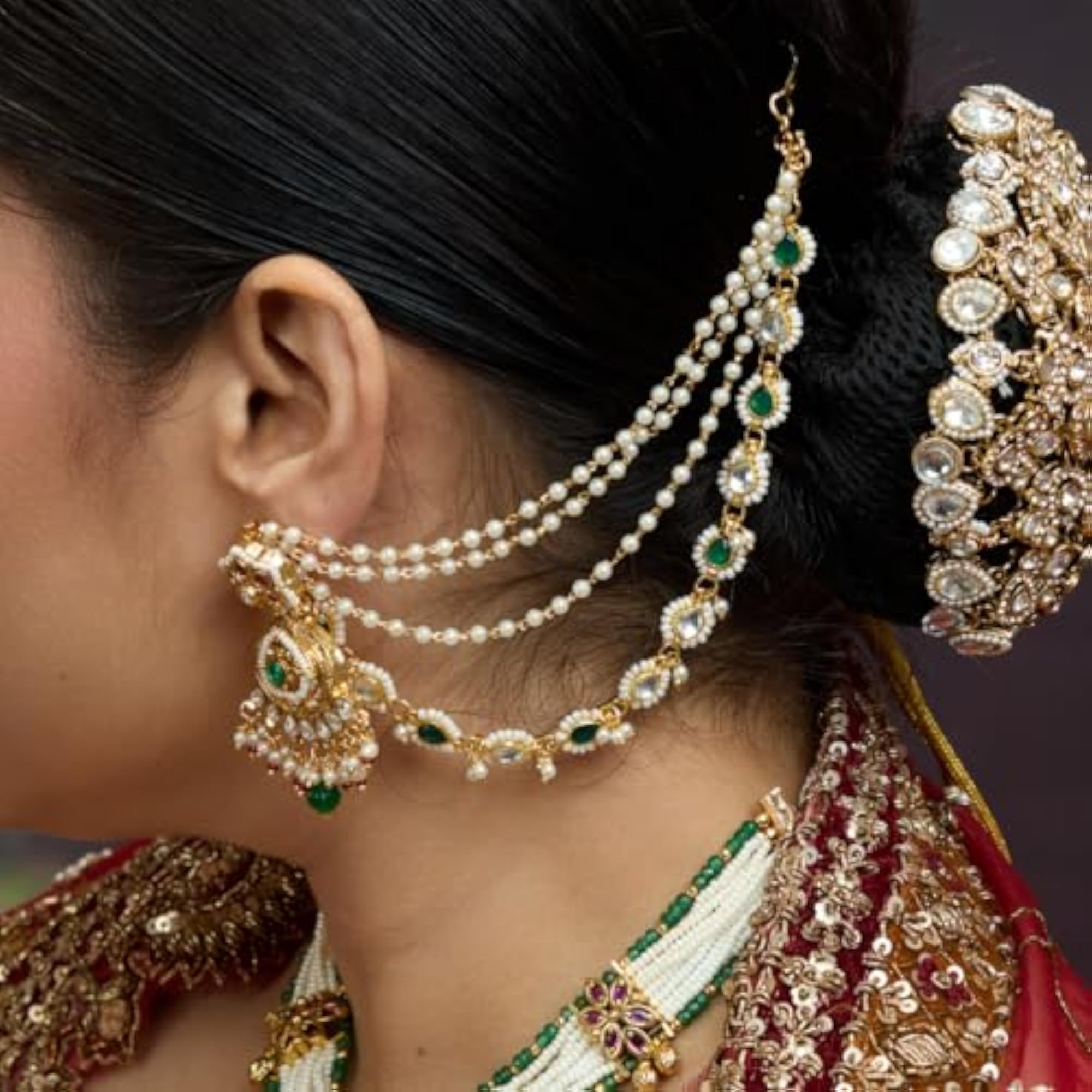 Gold Plated Pearl & Green Stone Kundan Ear Chain, Bridal